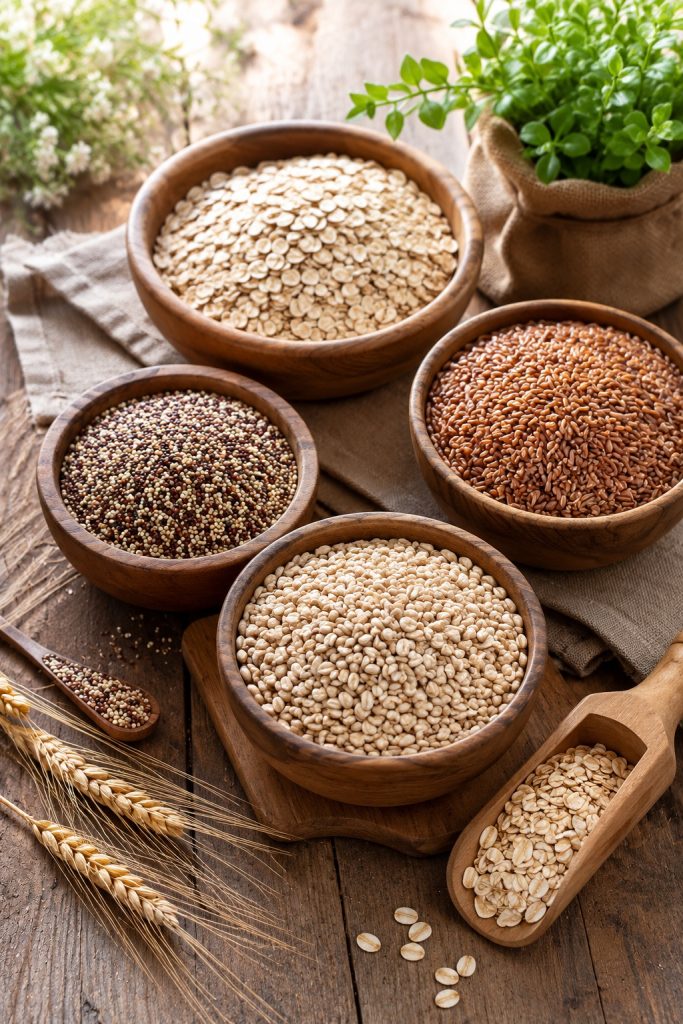 Oats, brown rice, quinoa and barley displayed as healthy whole grain foods