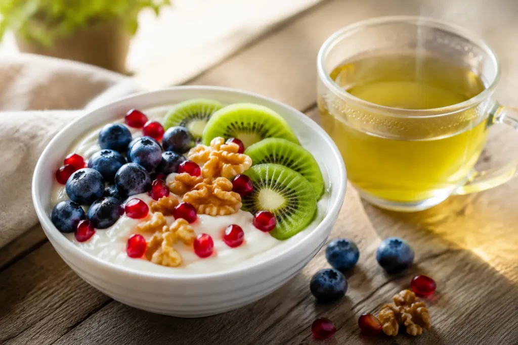 Greek yogurt bowl topped with blueberries, kiwi, pomegranate seeds and walnuts beside a cup of green tea as an antioxidant rich breakfast