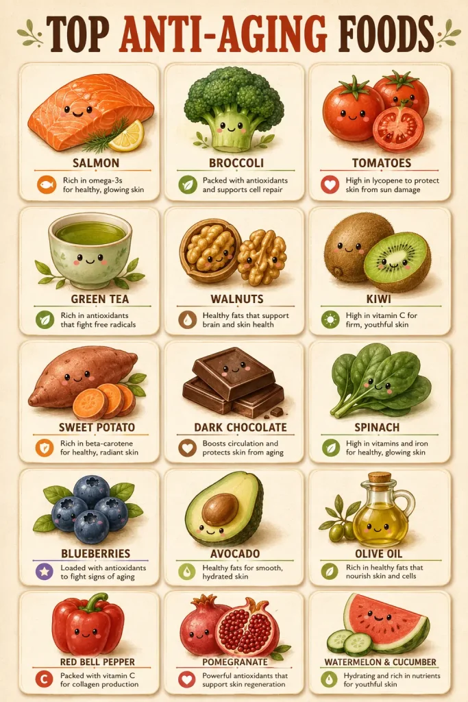 	Infographic showing 15 anti-aging foods for skin including salmon, broccoli, tomatoes, green tea, walnuts, kiwi, sweet potato, dark chocolate, spinach, blueberries, avocado, olive oil, bell peppers, pomegranate and watermelon with their skin benefits