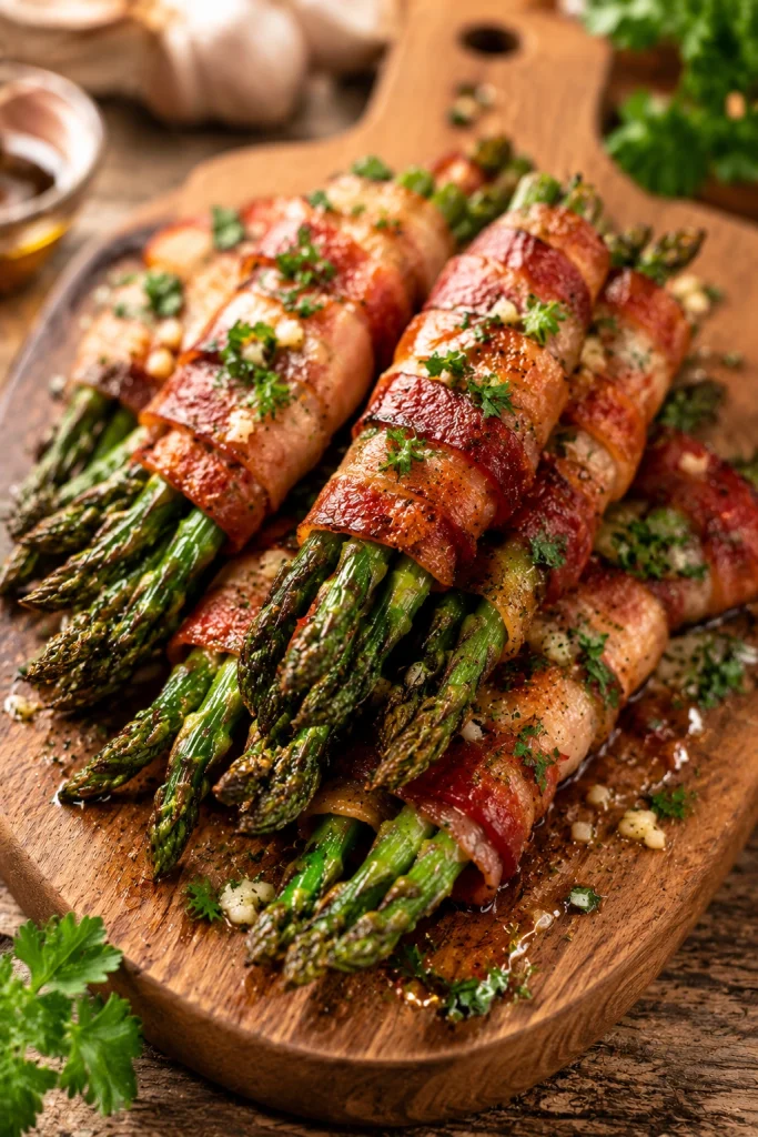 Crispy bacon wrapped asparagus baked until golden and served as a keto snack.