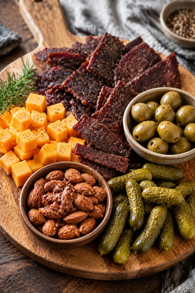 Low carb snack plate with beef jerky cheddar cheese olives and almonds.