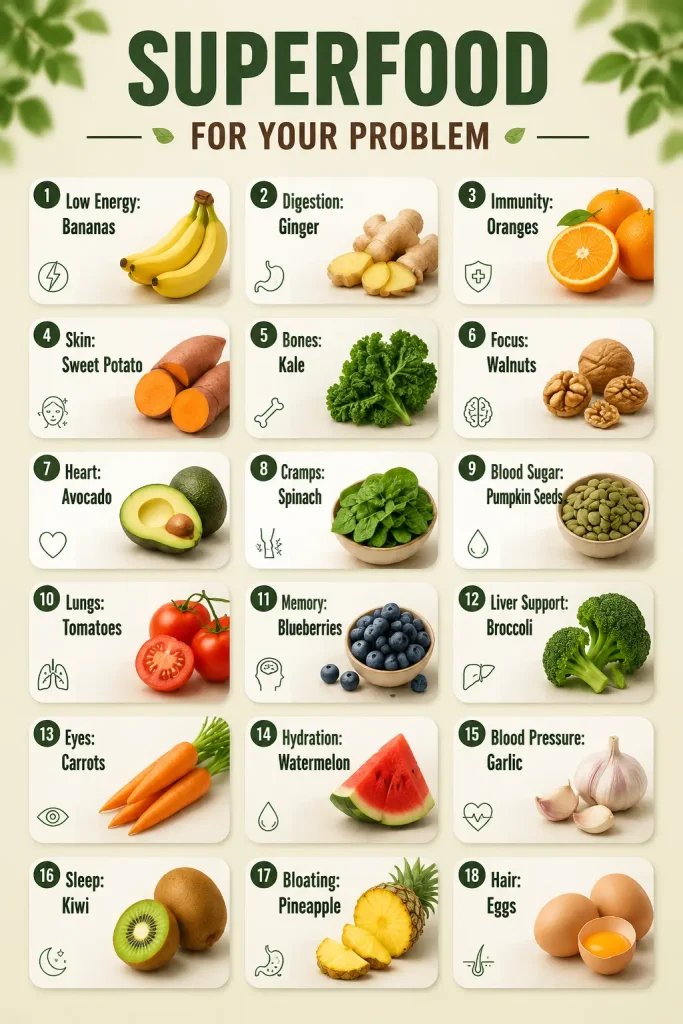Chart pairing 18 common health concerns with a supporting food including ginger for digestion, kale for bones, garlic for blood pressure and kiwi for sleep