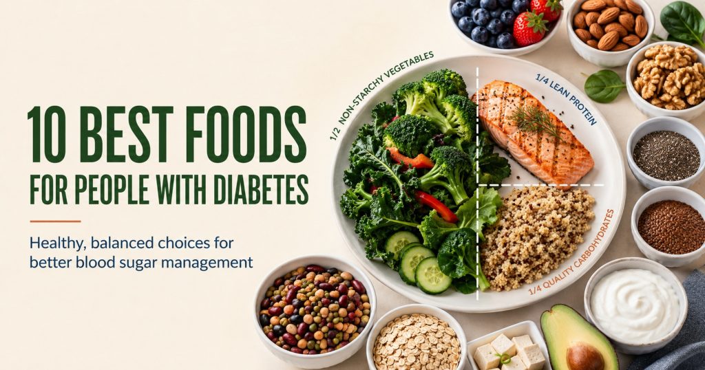 10 best foods for people with diabetes, including non-starchy vegetables, beans, whole grains, berries, nuts, seeds, fatty fish, plain Greek yogurt, avocado, and tofu, with a balanced diabetes plate guide.