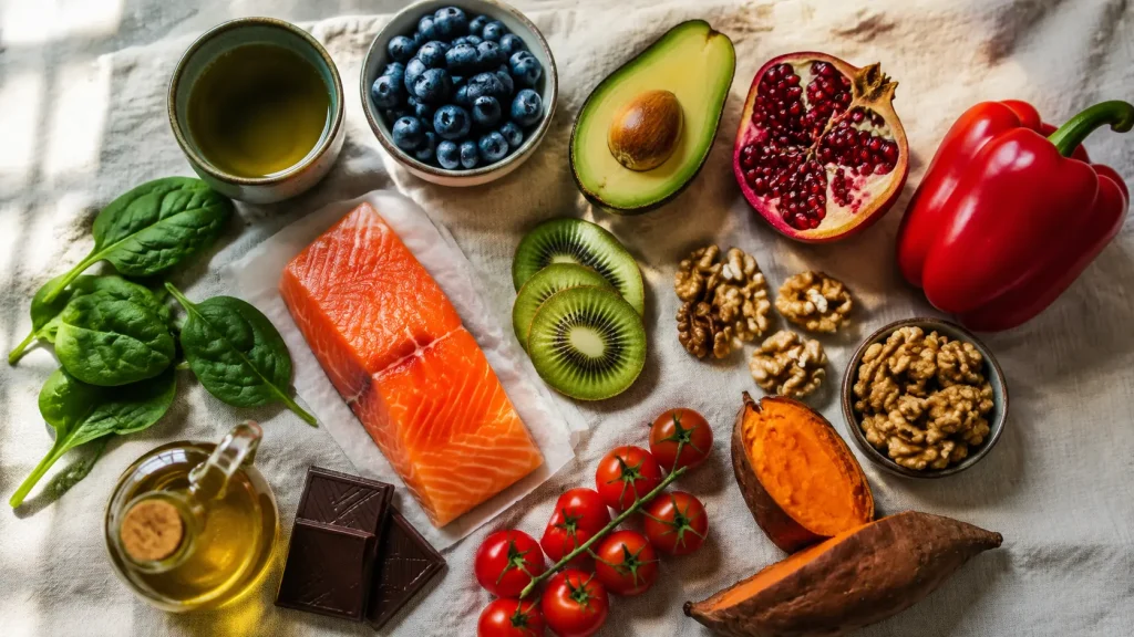 Flat lay of salmon, blueberries, avocado, kiwi, pomegranate, spinach, walnuts and green tea arranged on linen as foods that support younger looking skin