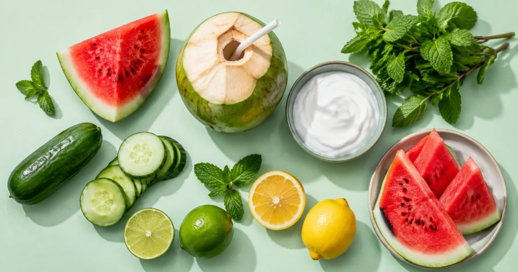 Body cooling foods for summer including watermelon cucumber coconut water lemon and mint