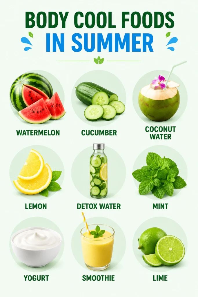 Body cooling foods for summer including watermelon cucumber coconut water lemon and mint