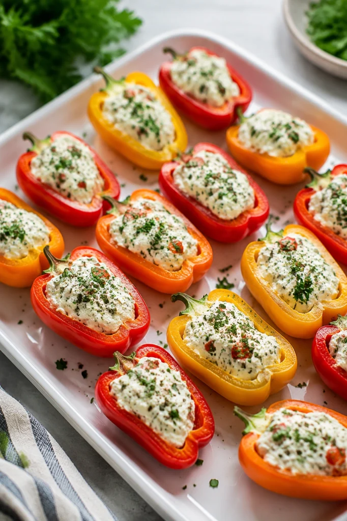 Mini bell peppers stuffed with creamy cheese filling and herbs.