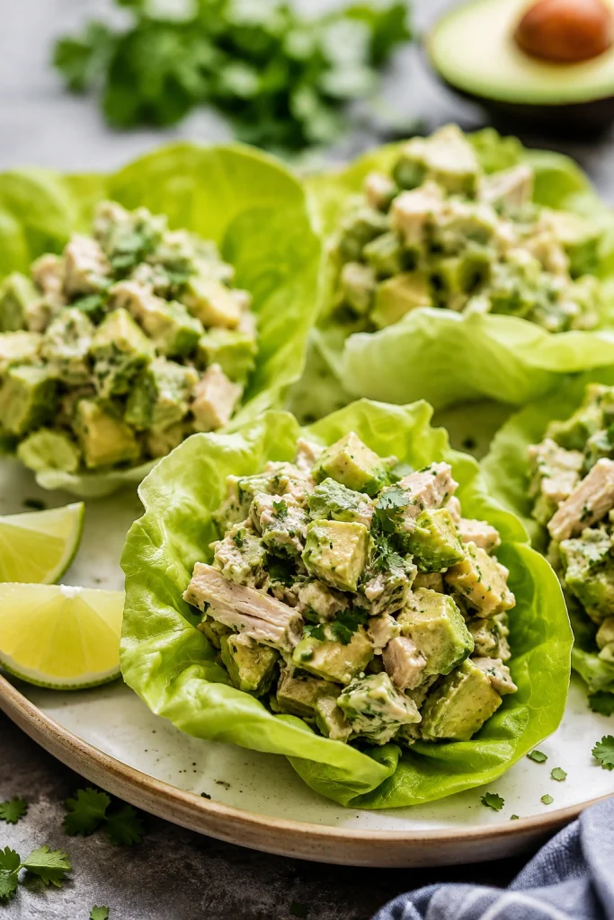 Chicken avocado salad served inside crisp lettuce cups.