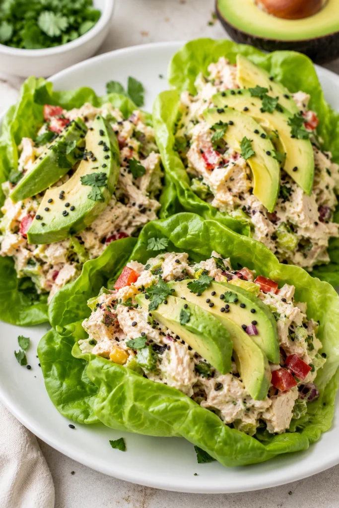 Healthy chicken lettuce wraps filled with creamy chicken salad and avocado.
