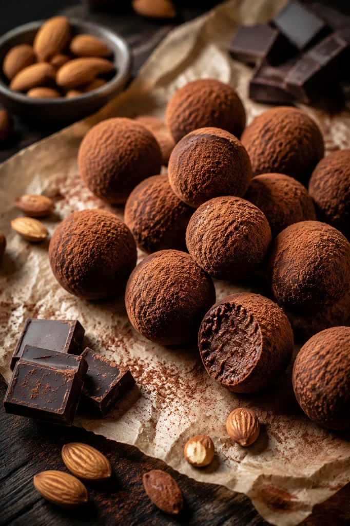 Chocolate low carb protein balls rolled in cocoa powder and coconut.