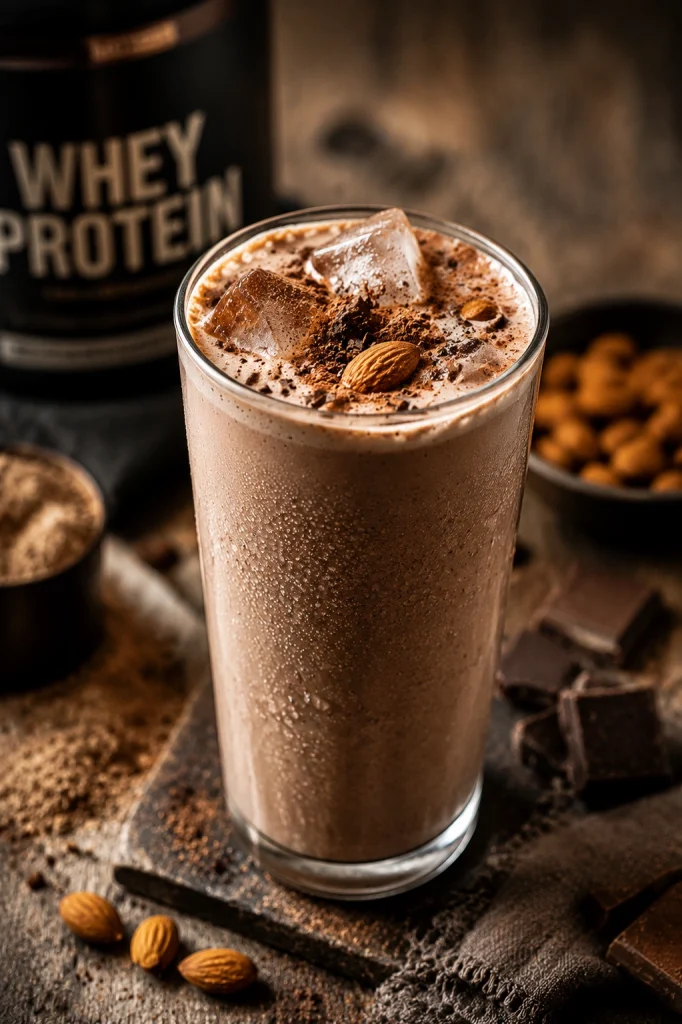 Chocolate low carb protein shake topped with cocoa powder.