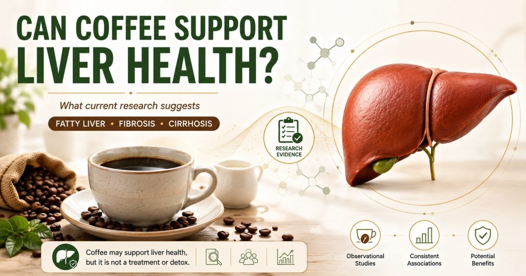 A cup of plain coffee beside roasted coffee beans and a clean liver illustration representing research on coffee and liver health