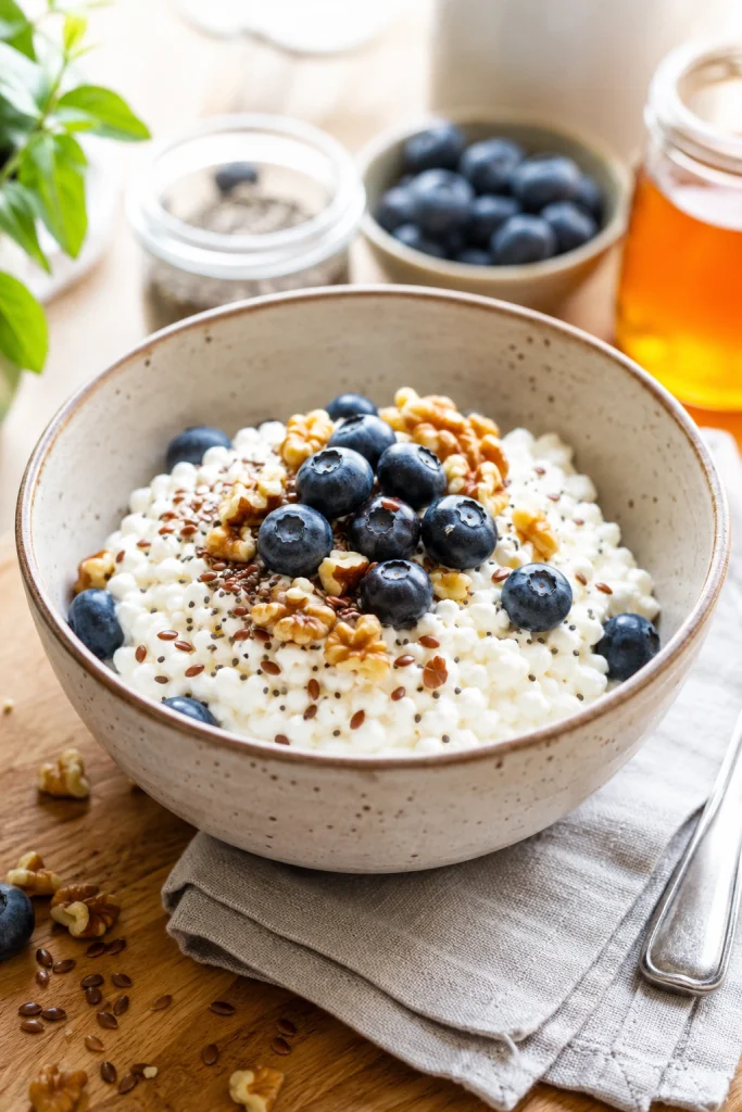 Creamy cottage cheese topped with walnuts chia seeds and blueberries.