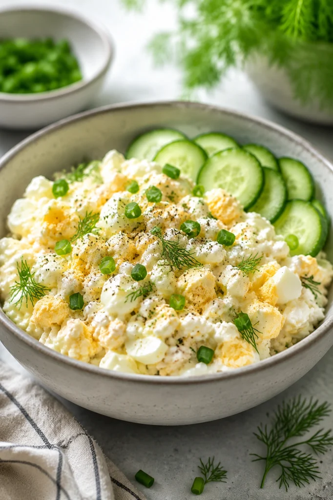 Creamy cottage cheese egg salad served with cucumbers.