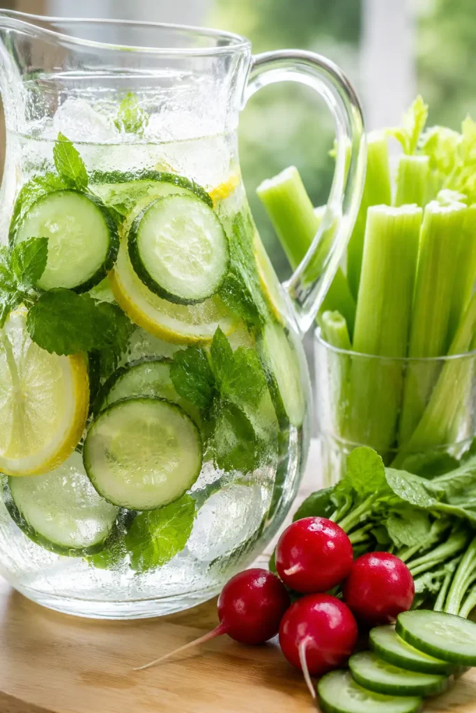 Glass pitcher of cucumber mint water beside celery sticks and fresh radishes on a wooden board