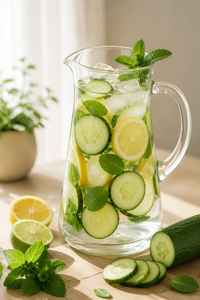 Detox water with cucumber lemon and mint in a glass pitcher