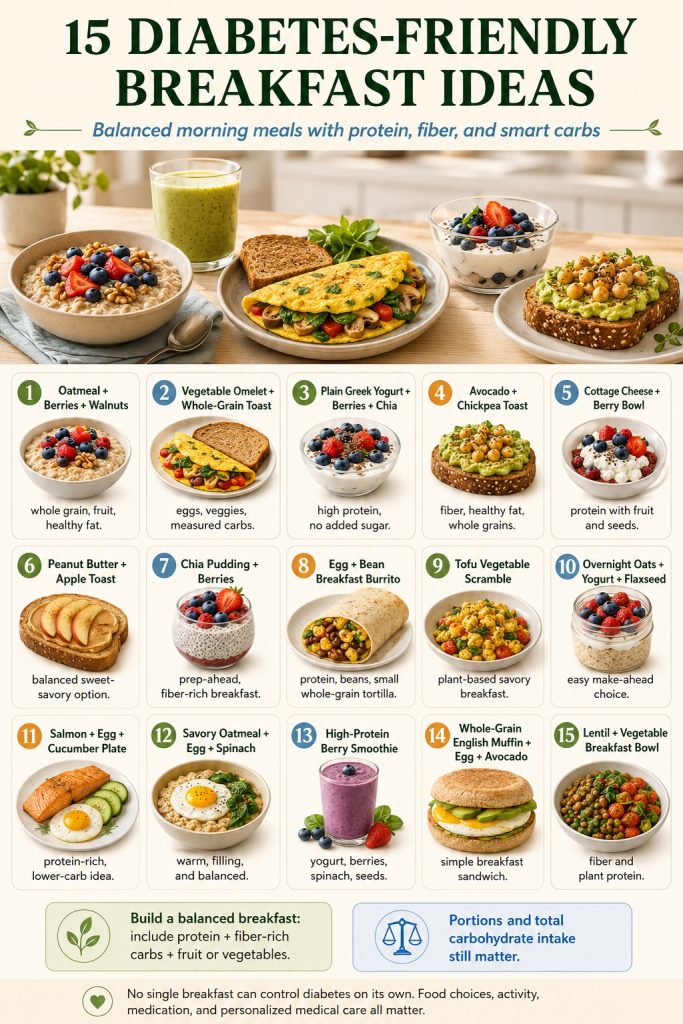 Diabetes-friendly breakfast ideas featuring oatmeal with berries, a vegetable omelet, Greek yogurt, avocado toast, chia pudding, eggs, a berry smoothie, and a lentil vegetable bowl