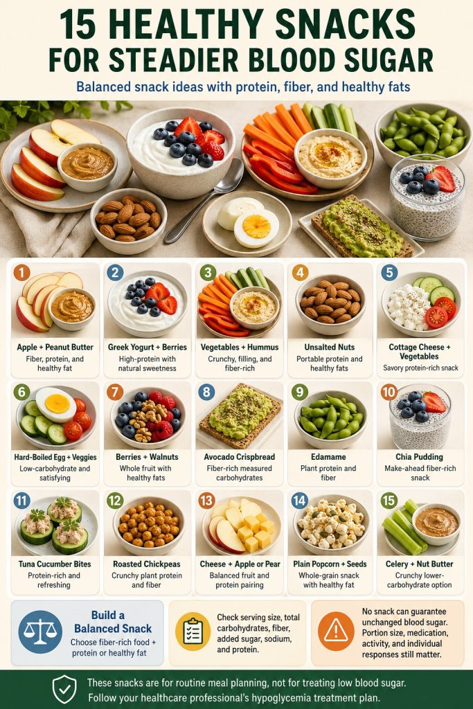 15 healthy snacks for steadier blood sugar, including apple with peanut butter, Greek yogurt with berries, vegetables with hummus, nuts, eggs, chia pudding, edamame, roasted chickpeas, tuna cucumber bites, and popcorn with seeds.