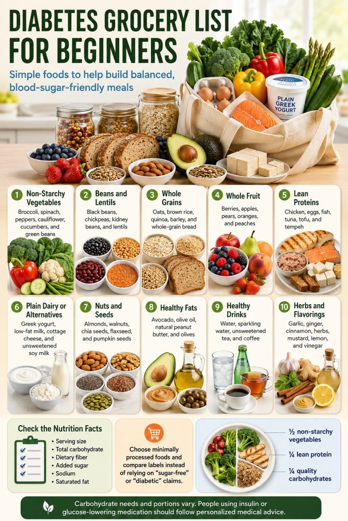 a beginner diabetes grocery list with non-starchy vegetables, beans, whole grains, fruit, lean protein, plain yogurt, nuts, seeds, avocado, healthy drinks, and food-label tips