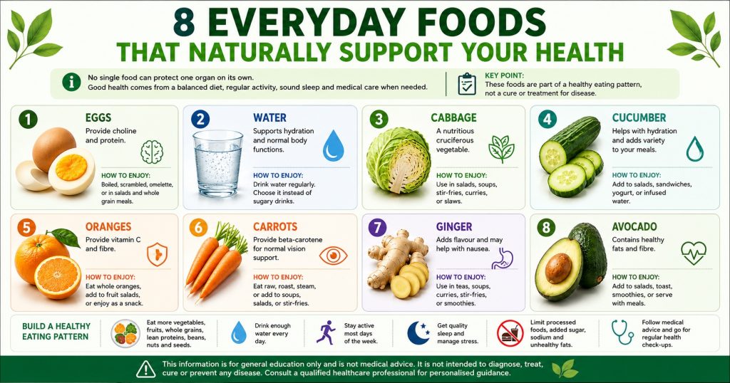Eight everyday foods that support a balanced diet, including eggs, water, cabbage, cucumber, oranges, carrots, ginger, and avocado