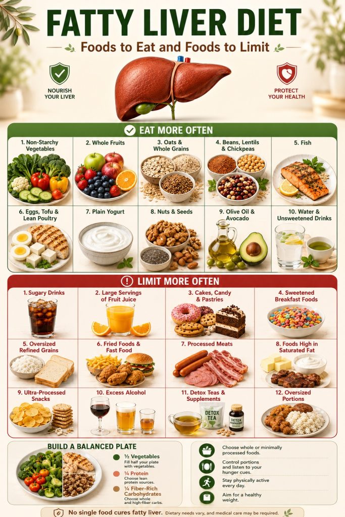 Fatty liver diet showing foods to eat, including vegetables, fish, oats, beans, fruit and healthy fats, alongside sugary, fried and processed foods to limit