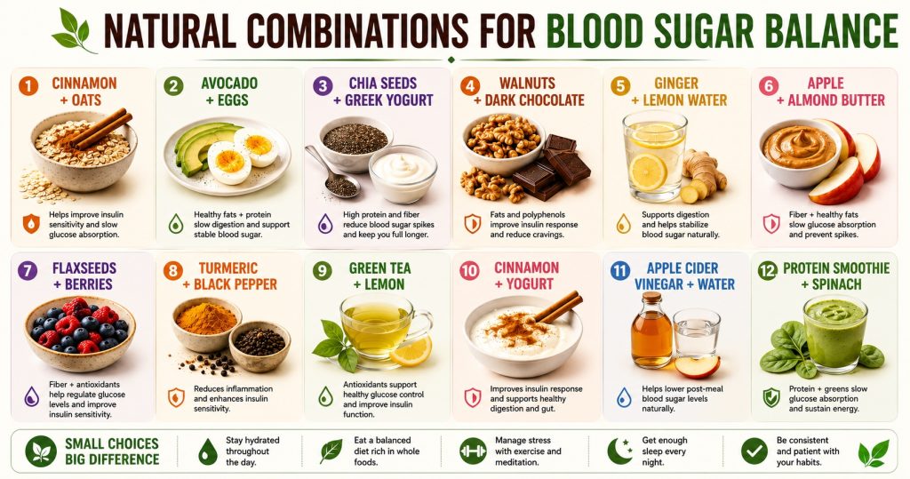 Twelve balanced food pairings that may support blood sugar management, including oats and cinnamon, yogurt and chia, apple and almond butter, and a spinach protein smoothie.