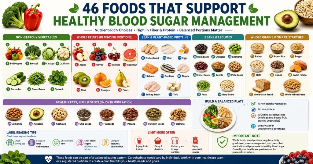 Forty-six foods that may support healthy blood sugar management, grouped into vegetables, fruits, lean proteins, legumes, whole grains, nuts and seeds.