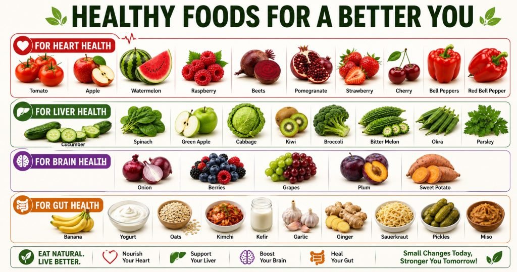 Thirty foods that may support heart, liver, brain and gut health, including berries, vegetables, salmon, walnuts, oats, yogurt and fermented foods.