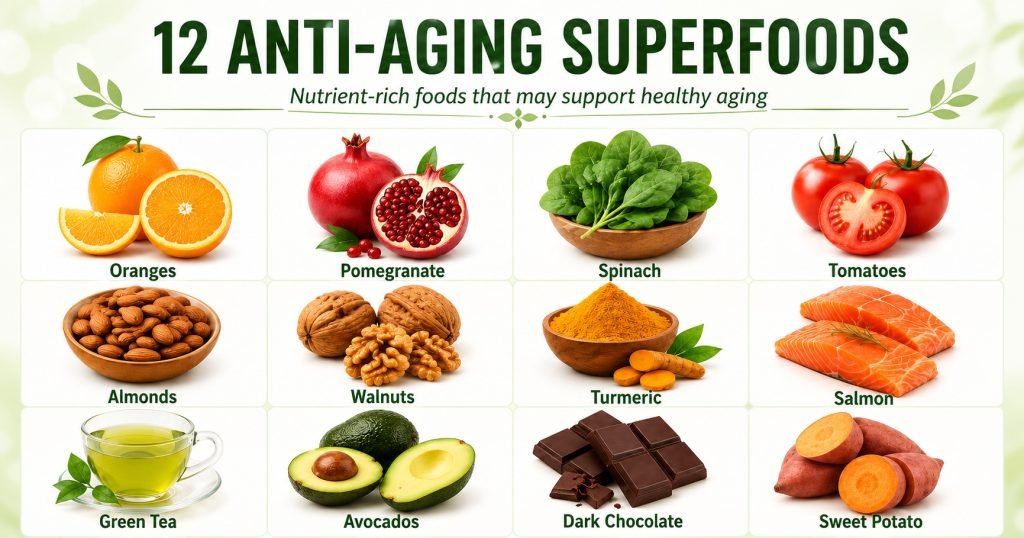Twelve nutrient-rich foods that may support healthy aging, including oranges, spinach, tomatoes, nuts, salmon, avocado, green tea, and sweet potatoes