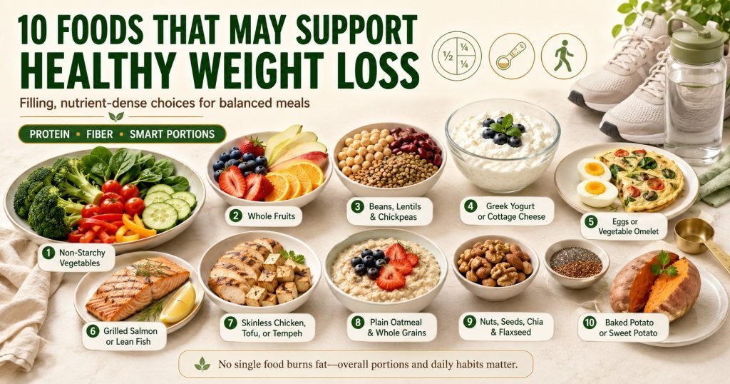 Ten nutritious foods that may support healthy weight loss, including vegetables, fruit, beans, yogurt, eggs, fish, oats, nuts, and sweet potatoes.