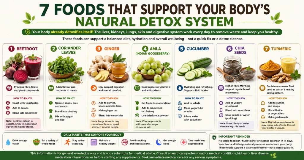 Seven foods that may support a balanced diet, including beetroot, coriander, ginger, amla, cucumber, chia seeds, and turmeric