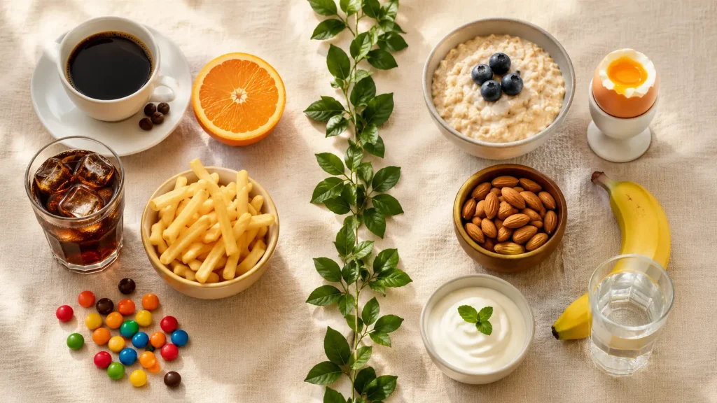Flat lay comparing morning foods that irritate an empty stomach with gentler breakfast options like oatmeal, eggs, almonds and yogurt