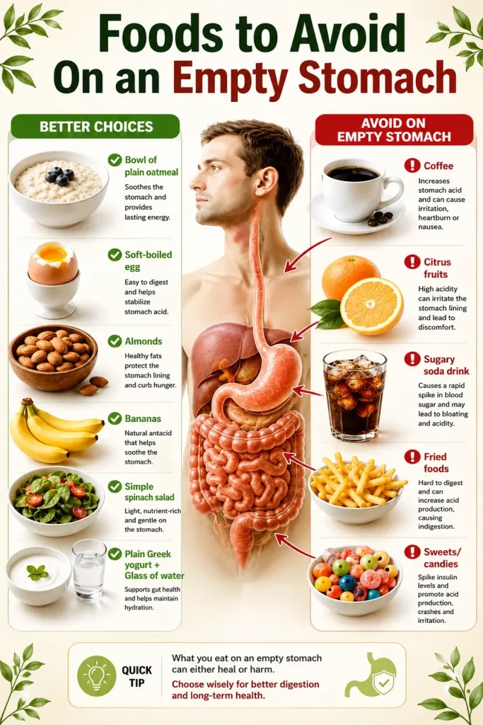 	Infographic comparing 6 foods to avoid on an empty stomach including coffee, citrus, soda, fried food, candy and chili peppers with 6 better choices such as oatmeal, eggs, almonds, bananas, spinach and Greek yogurt