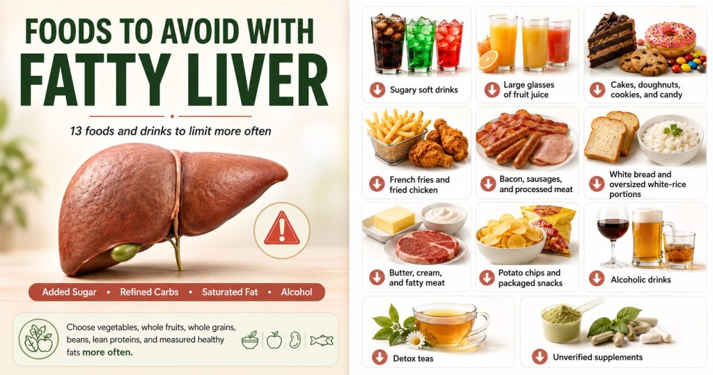 Foods to avoid or limit with fatty liver, including sugary drinks, fried foods, processed meats, pastries, refined grains, and alcohol.