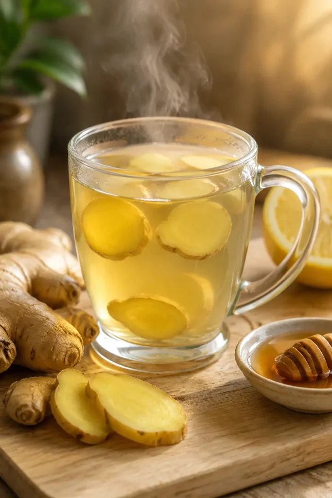 Glass mug of fresh ginger tea with sliced ginger root, honey and lemon on a wooden board