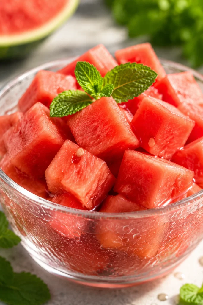 Cold watermelon cubes in a glass bowl with fresh mint