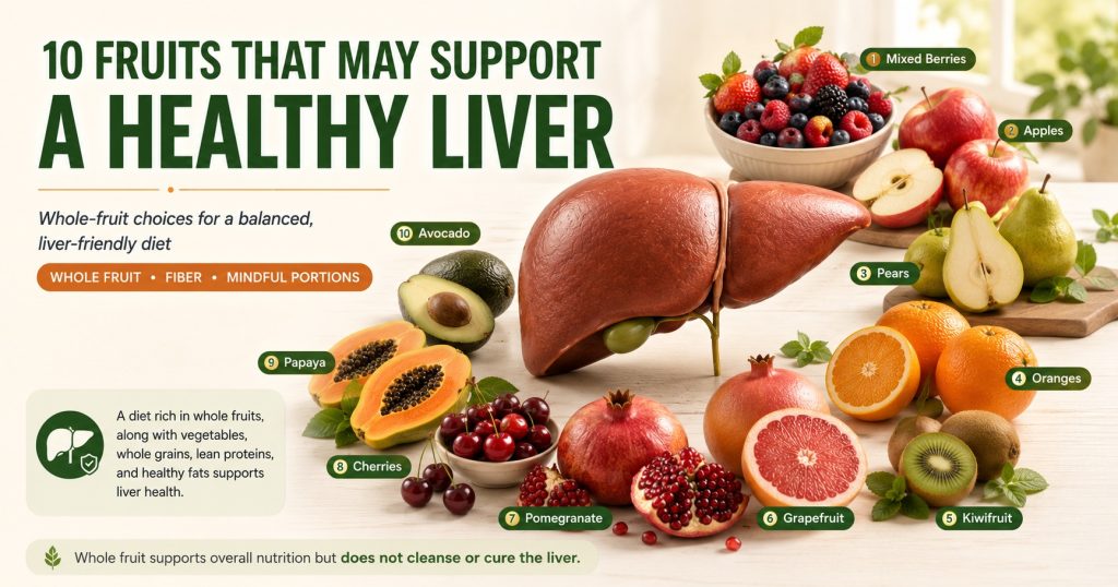 Ten fruits that may support a liver-friendly diet, including berries, apples, oranges, kiwi, pomegranate, papaya, grapefruit, and avocado.