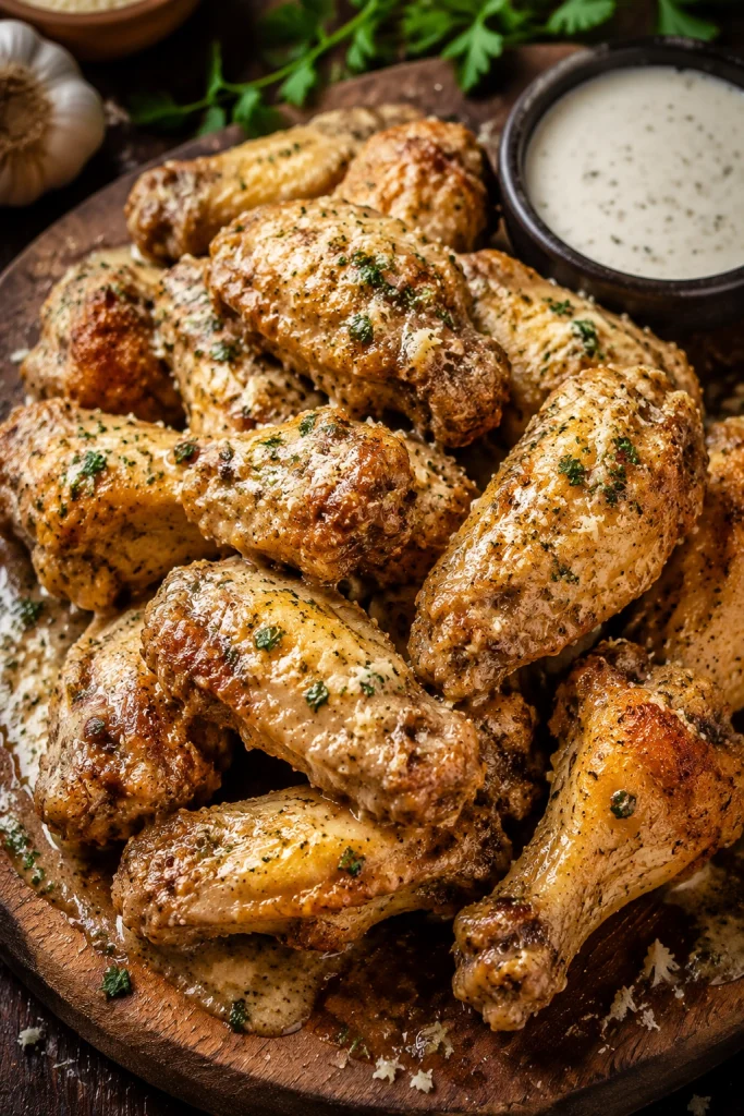 Garlic Parmesan chicken wings baked until crispy and golden.