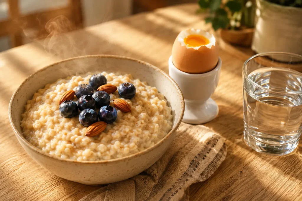 Bowl of plain oatmeal with blueberries beside a soft boiled egg and a glass of water as gentle first foods for an empty stomach