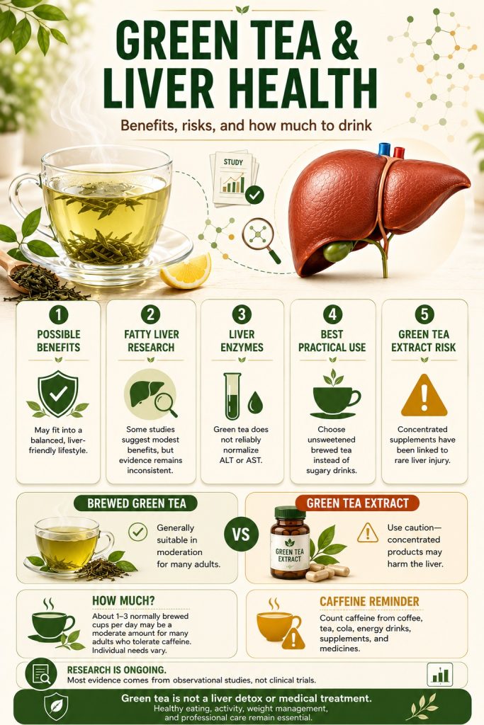 A cup of brewed green tea with fresh tea leaves beside a clean liver illustration representing the benefits and risks of green tea for liver health.