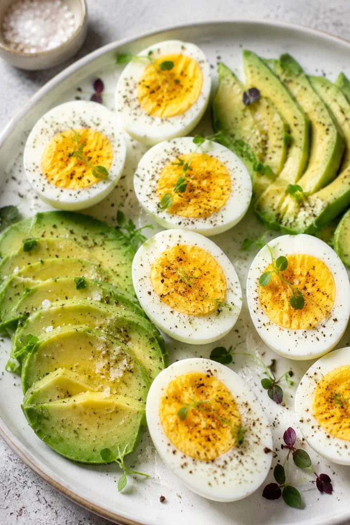 Hard boiled eggs served with avocado slices and sea salt.