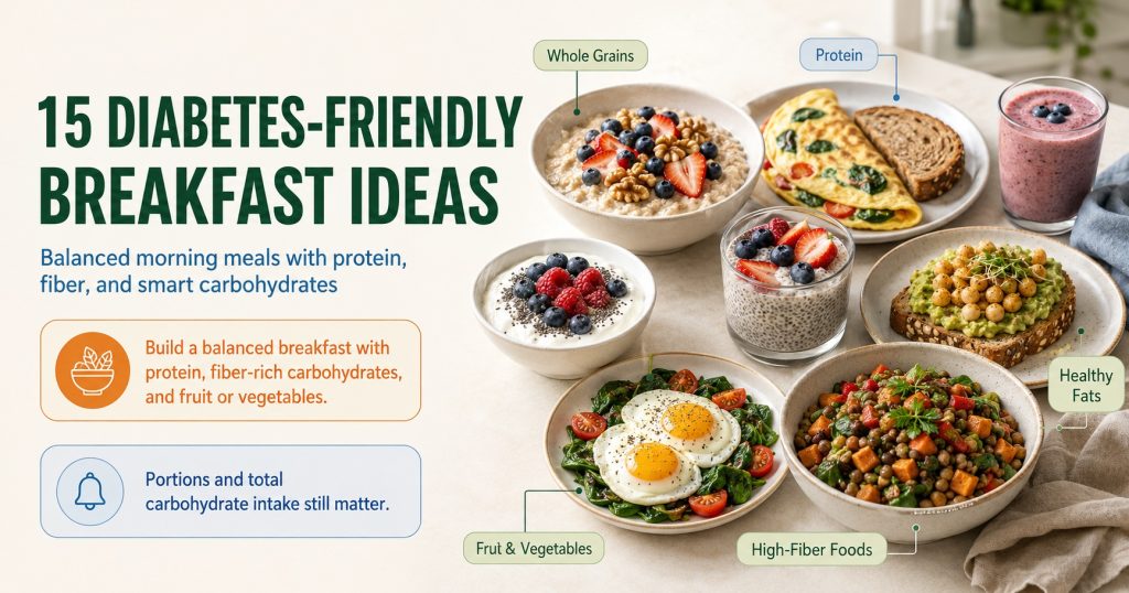 Diabetes-friendly breakfast ideas featuring oatmeal with berries, a vegetable omelet, Greek yogurt, avocado toast, chia pudding, eggs, a berry smoothie, and a lentil vegetable bowl