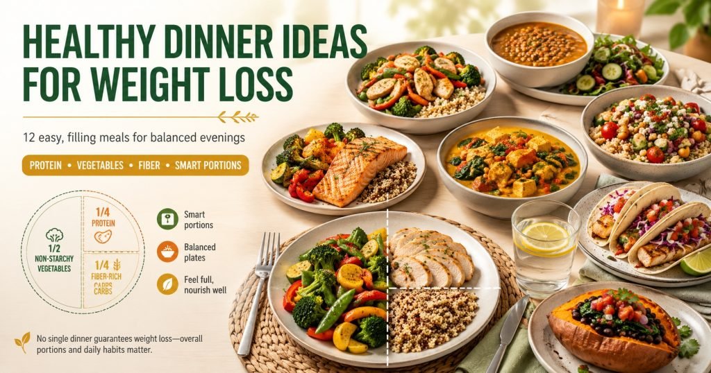 Healthy dinner ideas for weight loss featuring grilled salmon, vegetables, lentils, chicken, tofu, whole grains, and balanced portions.