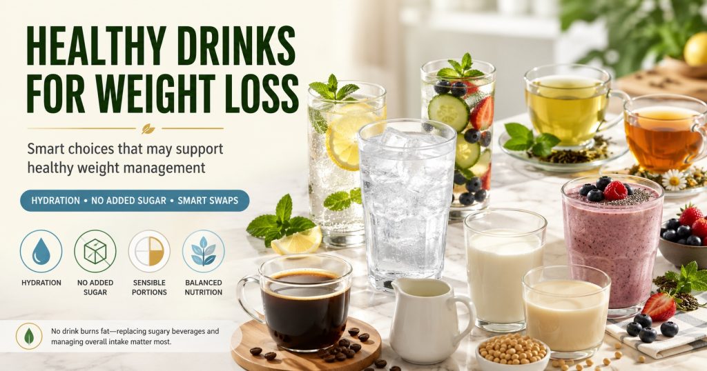 Healthy drinks that may support weight loss, including water, sparkling water, green tea, coffee, milk, soy milk, and a balanced fruit smoothie.