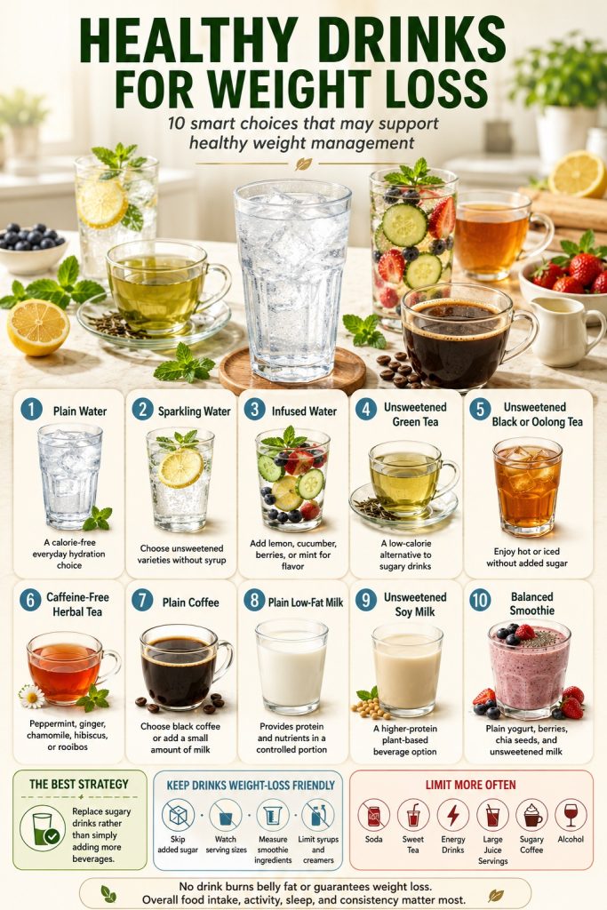 Healthy drinks that may support weight loss, including water, sparkling water, green tea, coffee, milk, soy milk, and a balanced fruit smoothie.