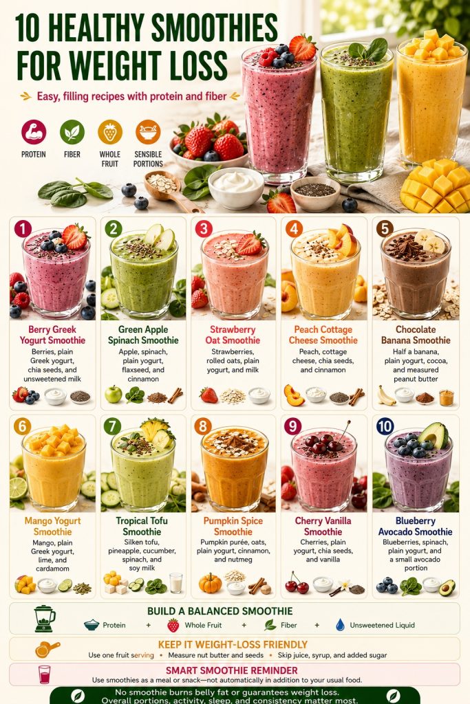 Ten healthy smoothies for weight loss made with berries, yogurt, oats, spinach, mango, pumpkin, cherries, tofu, chia seeds, and whole fruit