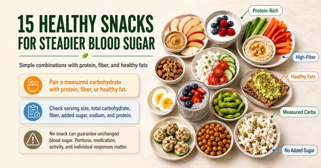 Healthy blood-sugar-friendly snack ideas featuring apple with peanut butter, Greek yogurt with berries, vegetables and hummus, nuts, eggs, chia pudding, avocado toast, edamame, tuna cucumber bites, roasted chickpeas, and popcorn.