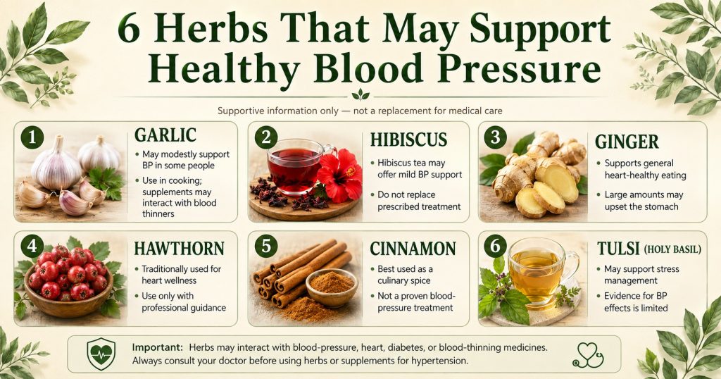 Six herbs commonly discussed for blood-pressure support, including garlic, hibiscus, ginger, hawthorn, cinnamon and tulsi.