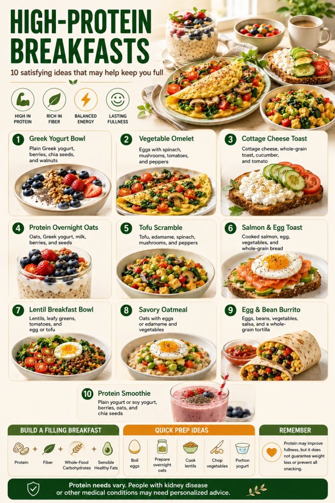 A selection of high-protein breakfasts, including eggs, Greek yogurt, oats, beans, tofu, cottage cheese, berries, and whole-grain toast.