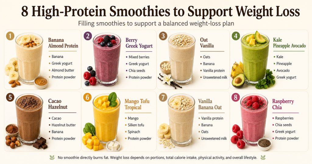 Eight high-protein smoothies made with banana, berries, oats, kale, avocado, cacao, mango, tofu, Greek yogurt, and chia seeds